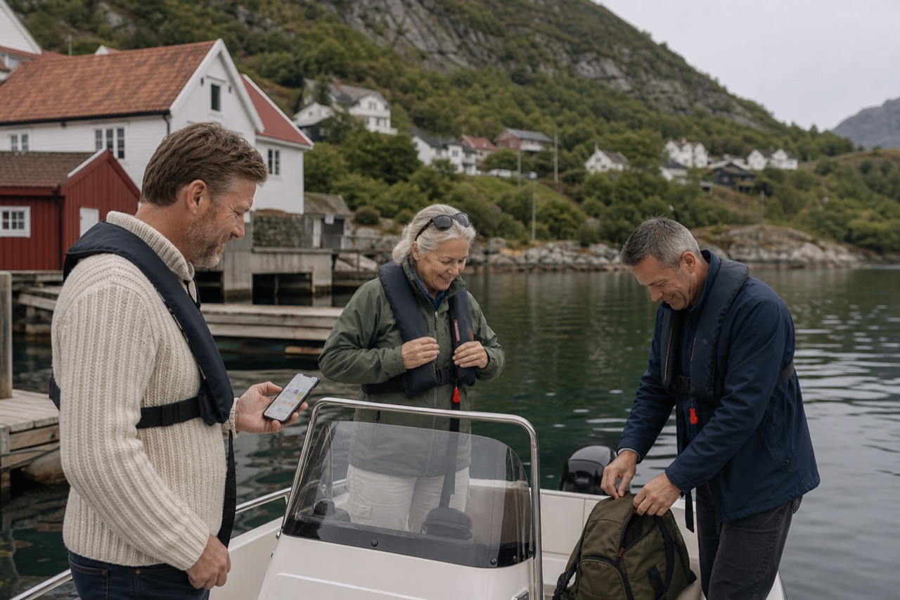 Three friends getting ready near a leisure boat while one checks a phone