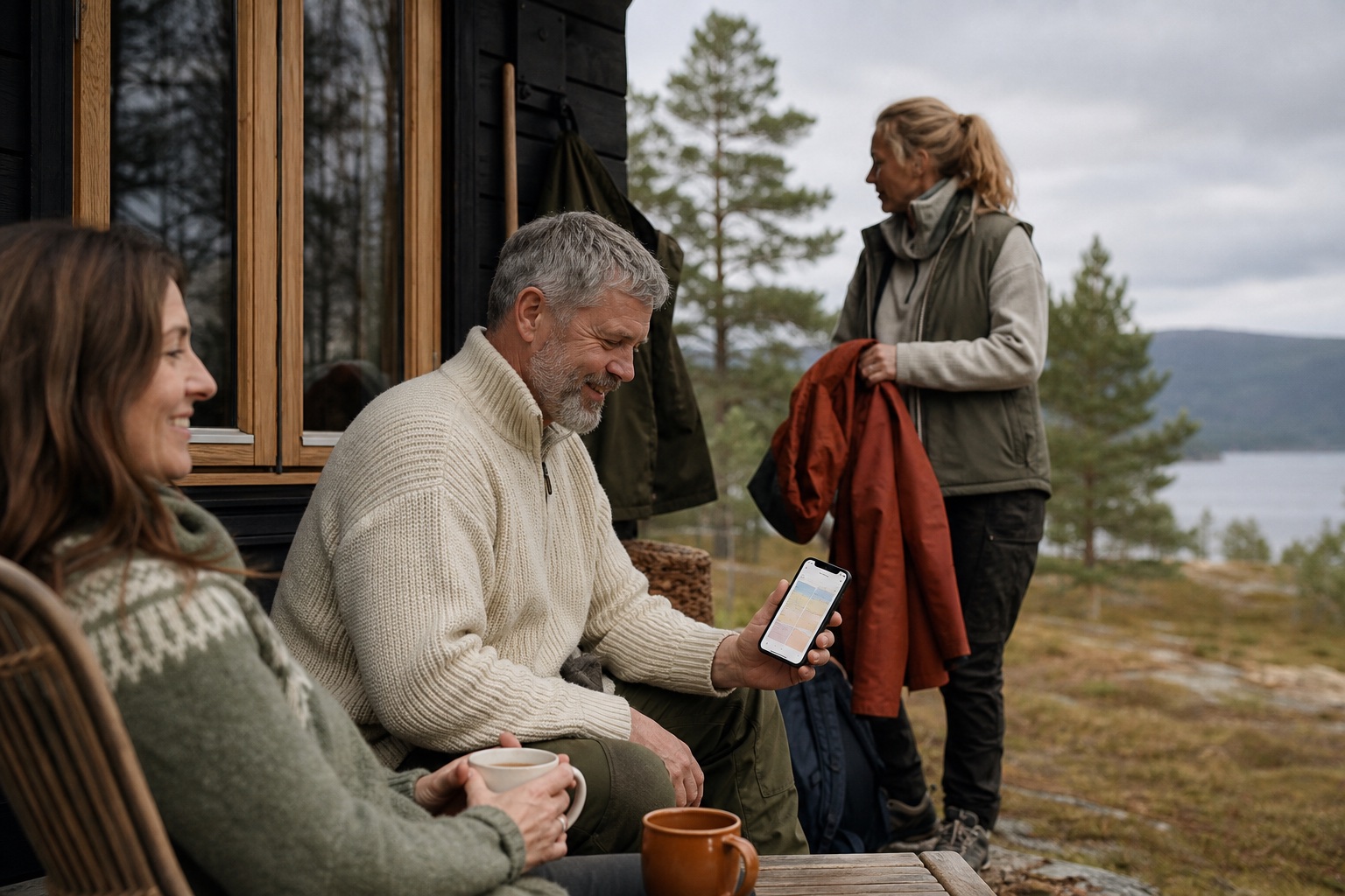 A family outside a cabin while one person shows the shared calendar on a phone